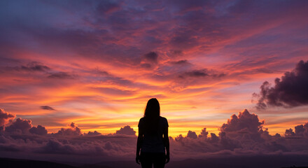 Serene woman silhouetted against breathtaking vibrant sunset sky, embracing nature's stunning spectacle and moments of quiet reflection