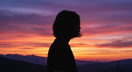 Silhouette of a person gazing at a vibrant sunset over distant mountains, evoking peace and contemplation.