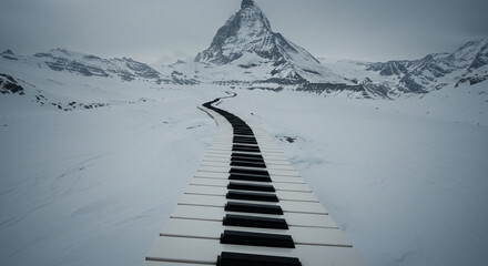 Journey to the summit a piano keyboard leads through snowy mountains creating a surreal landscape for inspiration