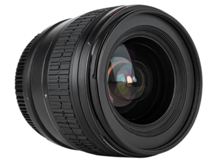 Camera Lens Side Angle with Zoom Rings and Grip Texture, Isolated on Transparent Background