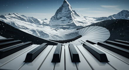 Majestic snowy mountain landscape merges with a grand piano's keys creating an epic symphony of nature and music