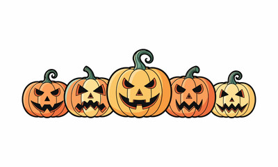 Five Spooky Jack-o-Lanterns with Carved Faces for Halloween.
