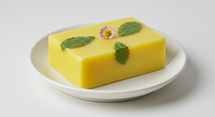 Bright yellow soap bar adorned with fresh mint leaves and a delicate purple flower on a white plate