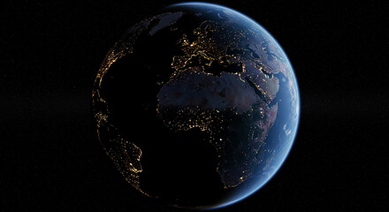 Stunning Earth at night from space reveals glowing city lights illuminating continents and oceans with a cosmic backdrop