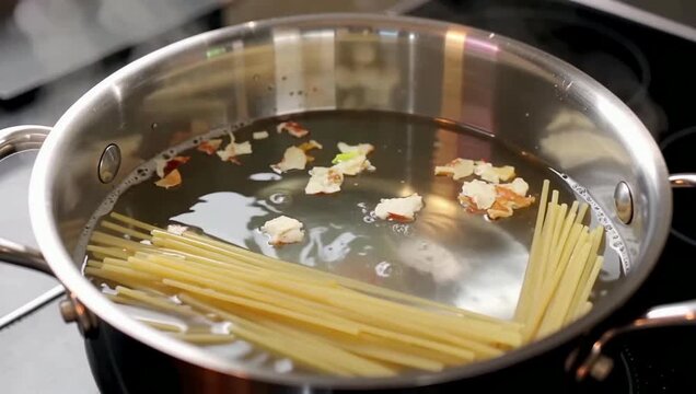 Preparing a classic Italian pasta dish by boiling raw spaghetti noodles in a stainless steel saucepan on the hob