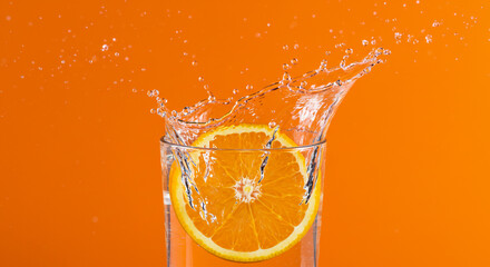 Vibrant orange slice creates refreshing water splash inside clear glass against bright orange background