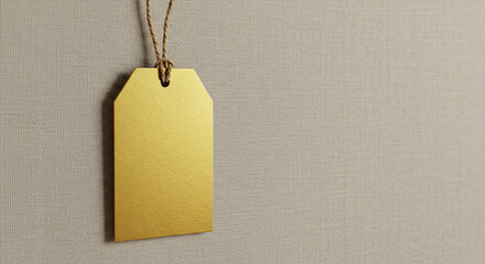 Elegant golden tag hanging with twine, perfect for luxury branding, product launches, and premium gift packaging