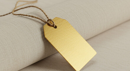 Elegant golden tag with rustic twine on textured linen background, perfect for pricing, branding, or gift ideas