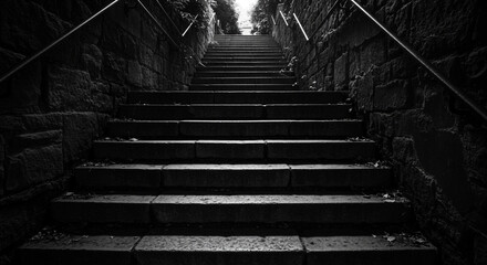 Ascend into mystery up a dramatic stone staircase bathed in moody light, symbolizing progress and hidden paths