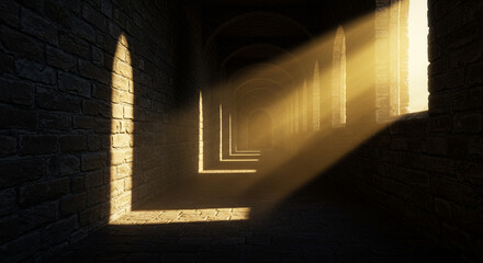 Dramatic golden sunbeams pierce through ancient arched windows illuminating a mysterious stone corridor creating an atmosphere of intrigue and discovery