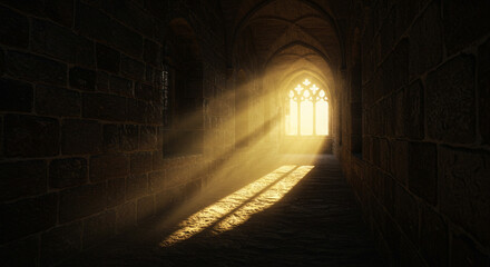 Mysterious ancient stone corridor bathed in dramatic golden sunbeams streaming through gothic window