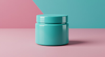 Sleek teal cosmetic jar rests on pastel pink surface against a vibrant teal backdrop, perfect for beauty product mockups.