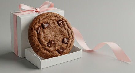 Indulgent chocolate chip cookie presented in an open gift box with delicate pink ribbon, a sweet treat for any occasion.