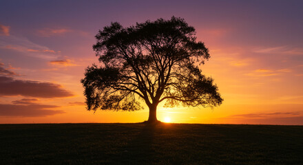 Majestic ancient oak tree silhouetted against a vibrant sunset sky with golden sun rays breaking through its branches