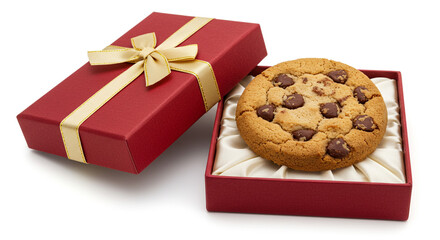 Indulge in a decadent chocolate chip cookie beautifully presented in a luxurious red gift box with a golden ribbon