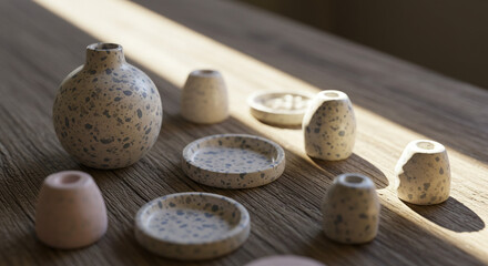 Elegant ceramic decorative objects arranged on a rustic wooden table bathed in soft sunlight, creating a serene and modern aesthetic.