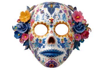 Colorful decorative skull mask adorned with vibrant flowers and intricate patterns, symbolizing cultural celebration and artistry in traditional festivities. Day of the Dead