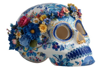 Colorful decorative skull adorned with vibrant flowers and intricate patterns, showcasing cultural artistry and craftsmanship in a striking visual display. Day of the Dead