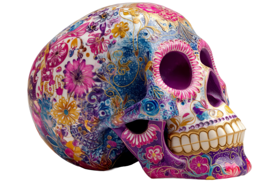 Colorful decorative skull with intricate floral patterns and vibrant hues, showcasing artistic craftsmanship and cultural significance in a striking design. Day of the Dead