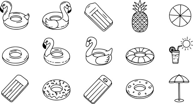 Summer pool float icon. Thin line editable stroke illustration for vacation, leisure, relaxation, inflatable flamingo, swimming and sunny holidays
