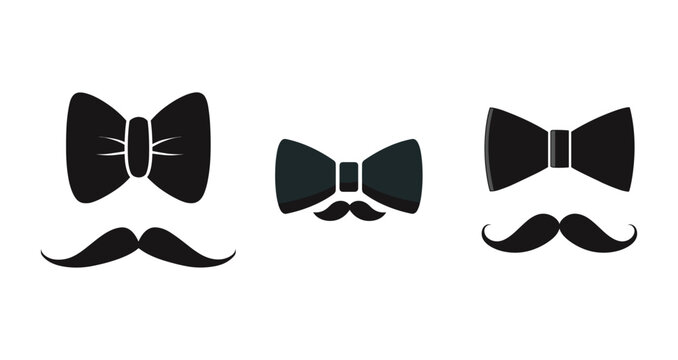Three distinct black bow ties and moustaches are presented in a stylized collection, perfect for Movember awareness and classic men's fashion.