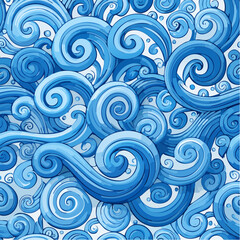Blue seamless pattern with bold brush drawn spirals, swirls and thick doodle lines.