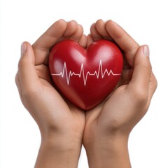 Obraz premium Hands gently holding a red heart with a cardiogram line