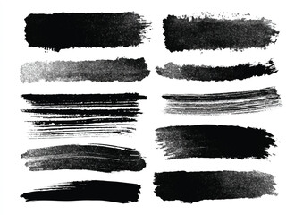 Set of ten black ink grunge brush strokes for modern design and artistic background element