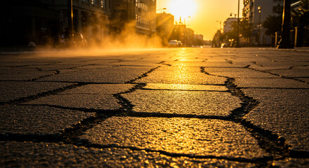 Golden sunset bathes cracked city street in warm light creating dramatic atmosphere with rising steam