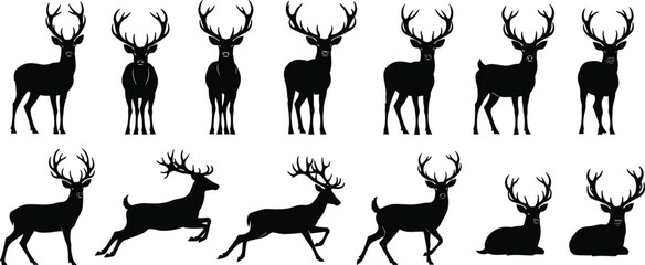 Fototapeta premium Silhouette deer collection with antlers in various poses including standing, running, leaping, and resting for wildlife, hunting, and nature themes