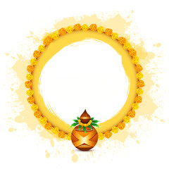 Yellow floral decoration with sunflowers and a spring holiday frame of an Puja Kalash Vector