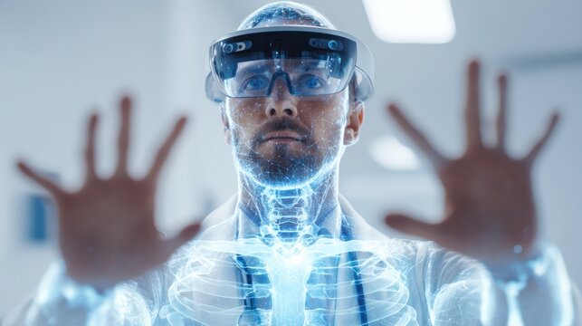 Future of Medicine: A doctor stands at the forefront of innovation, immersed in a futuristic augmented reality experience, showcasing the potential of advanced technology in modern medical practice.