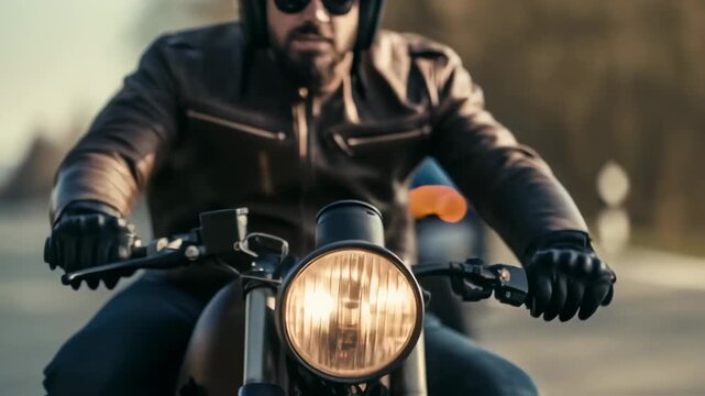 Two bearded bikers riding classic motorcycles on an open road under sunlight