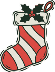 Christmas Stocking Illustration, Red and White Striped Stocking, Holiday Sock Design Element, Vintage Christmas Stocking Graphic, Cute Xmas Stocking Clipart