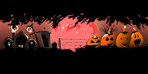 Halloween banner greeting, invitation, card, template background, poster, web, with pumpkin jack o lantern in a cemetery with graves, bat, creepy tree Lunar eclipse 