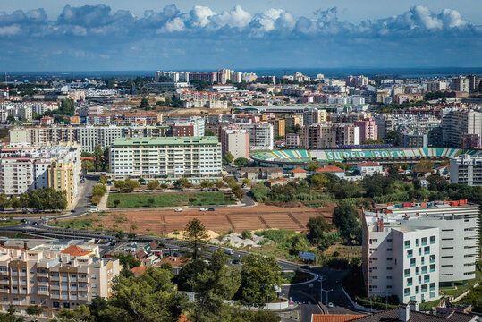 Setubal, Portugal - October 11, 2018: Aerial view with Bonfim stadium in Setubal city