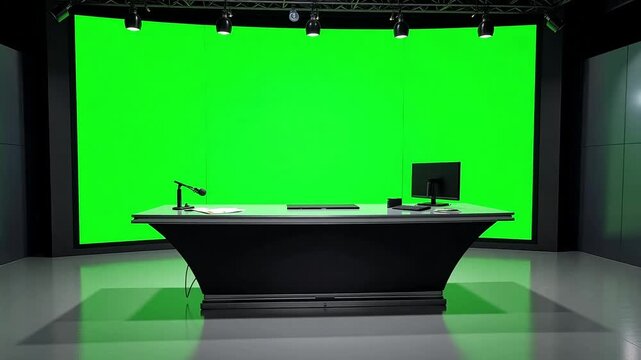 Empty modern news studio with a green screen and desk ready for broadcast