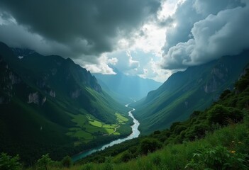 Lush Green Valleys Beneath Dramatic Stormy Sky Nature Scene Evoking Emotion and Grandeur