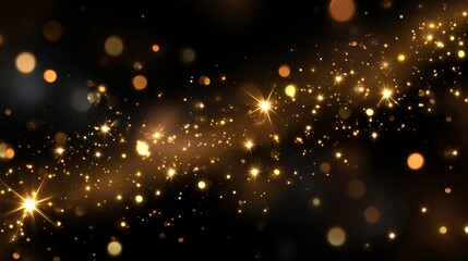 Golden light beams illuminating sparkling stars on black background