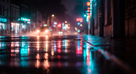 Obraz premium Rainy city street at night with vibrant neon lights reflecting on wet pavement, creating a moody, atmospheric urban scene.