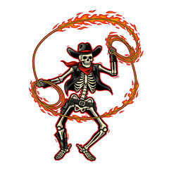 Dynamic illustration of a cowboy skeleton character wielding a flaming lasso against a transparent background halloween t shirt design