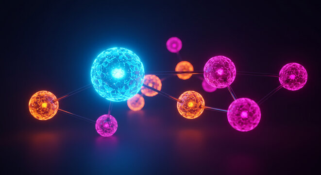 Vibrant molecular structure with glowing neon spheres, representing science, technology, and complex connections in abstract digital art