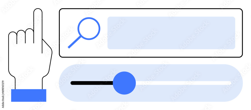 Aufkleber hand pointing at search bar with magnifying glass icon and horizontal slider. ideal for ui design, n
