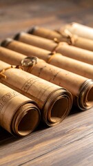 Aged scrolls on wooden table