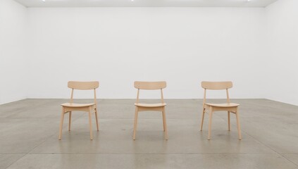 Three simple wooden chairs in an empty room, minimalist design, and clean lines.