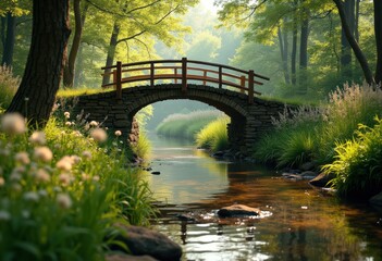 Old Wooden Bridge Tranquil Stream Serene Nature Scene Rustic Charm Scenic Landscape