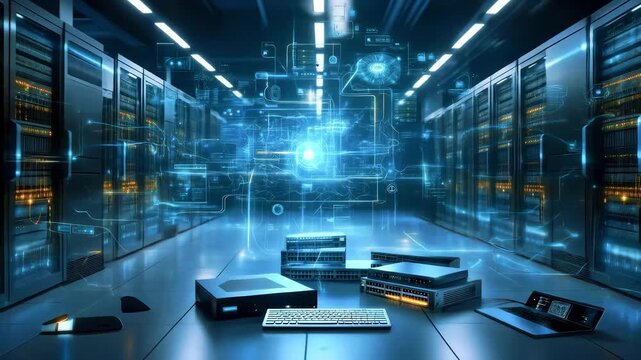 Futuristic data center with glowing technology and servers, showcasing advanced computing in action
