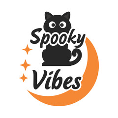 Whimsical Halloween Design Black Cat Spooky Vibes and Crescent Moon