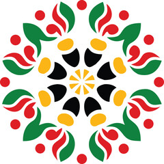 Fototapeta premium Circular element shows green, red, black, and yellow shapes on a white backdrop