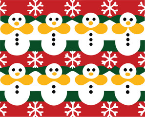 Fototapeta premium Snowman silhouettes, alternating red and green stripes with snowflakes, present a joyful festive array